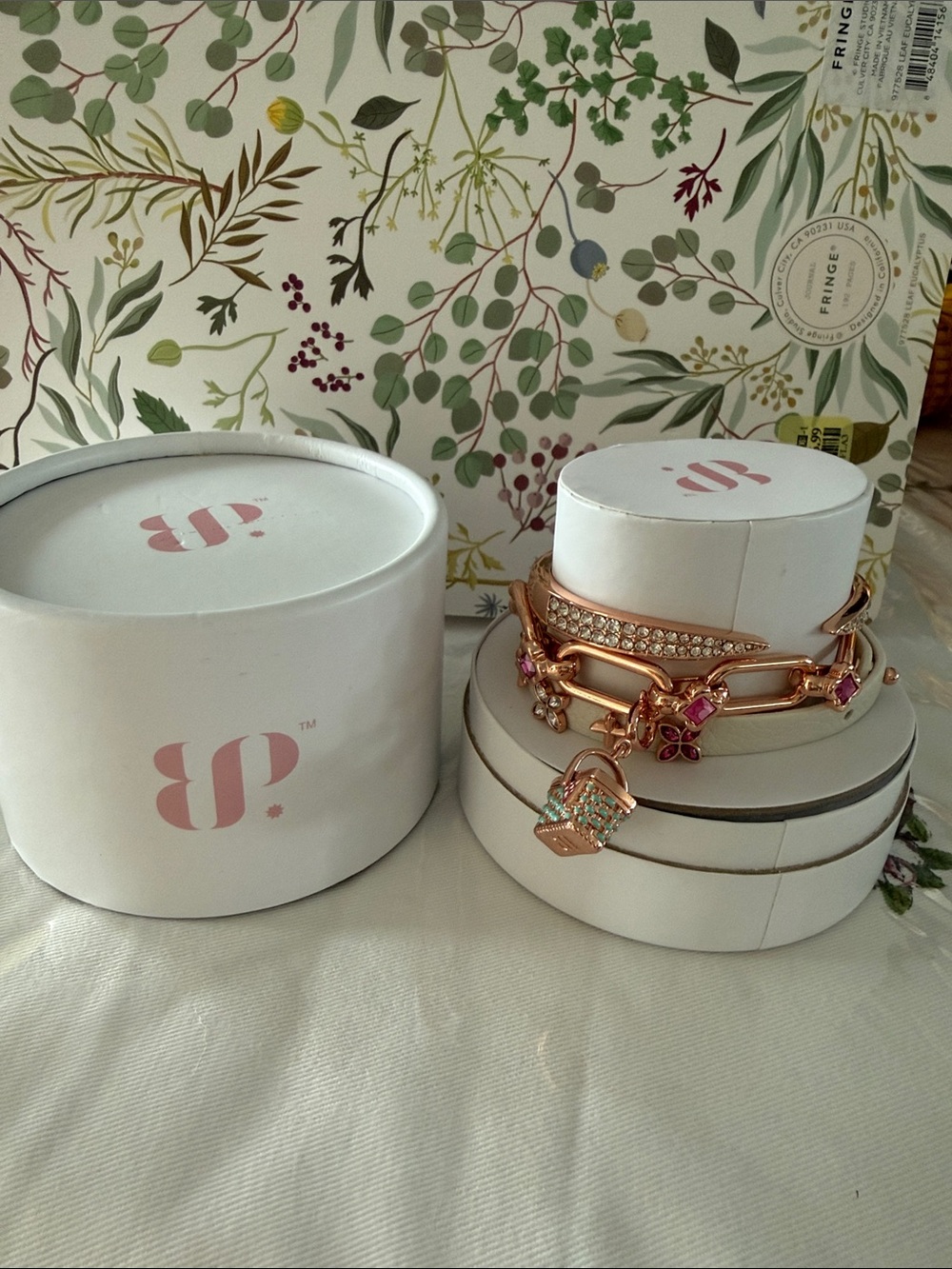 bp Rose Gold Tone Multi-Chain Bracelet Set with Pink and Clear Crystals